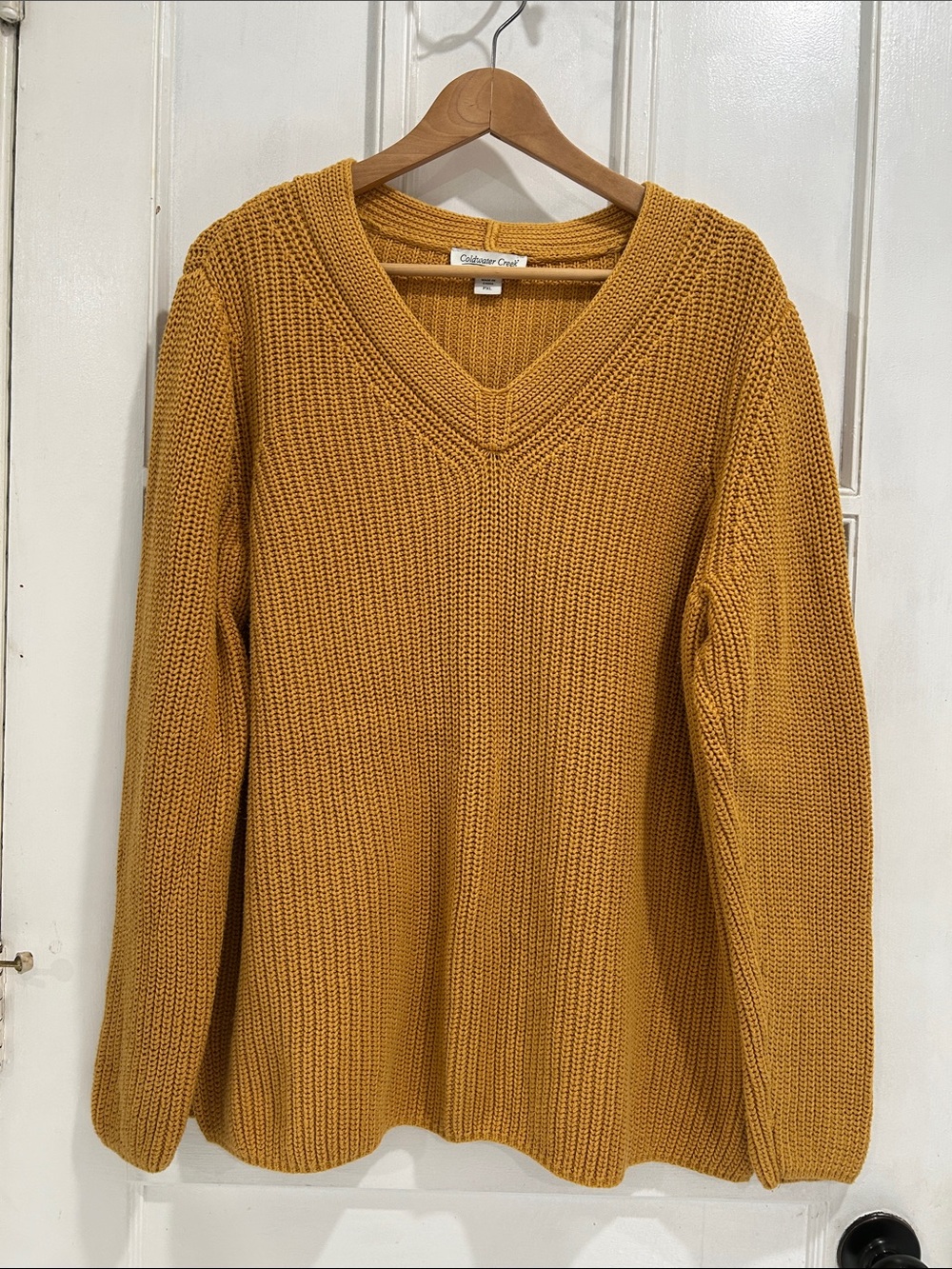 Coldwater Creek Cotton Chunky Knit V-Neck Sweater in Mustard Gold - Size PXL
